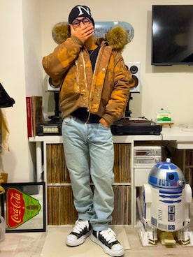 「KEIJUのアイテム（ニットキャップ/ビーニー、ブラック系）」を使った、lowrellさん（メンズ・165cm）の春コーディネート