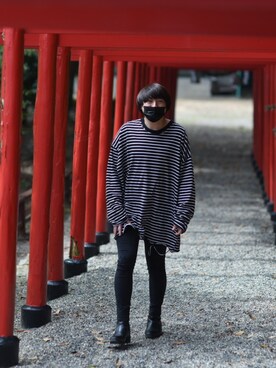 「minsobi（ミンソビ）のダメージ長袖Tシャツ（Tシャツ/カットソー、ブラック系）」を使った、koutancobuさん（メンズ・170cm）の春コーディネート