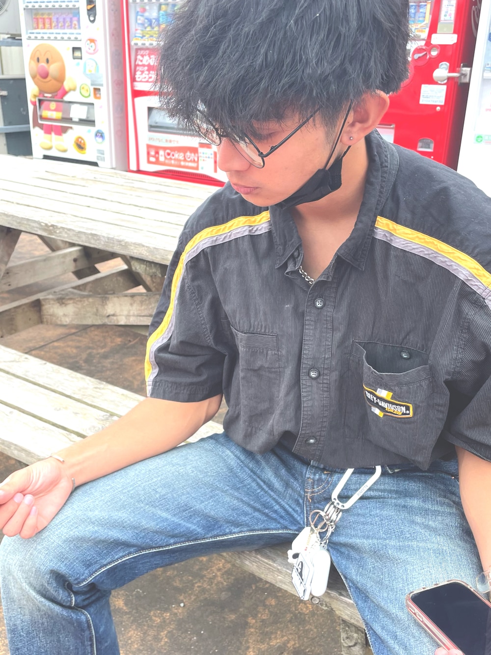 「古着、アメカジ、メガネ男子」｜「Harley-Davidsonのアイテム（シャツ/ブラウス、ブラック系）」を使った、monkey0424さん（メンズ・167cm）の夏コーディネートの1枚目の写真