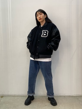 「XLARGE（エクストララージ）のアイテム（スタジャン）」を使った、Hinakoさん（レディース・165cm）の秋コーディネート