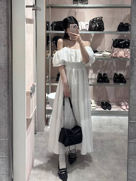 「Heather（ヘザー）のリボンショルダーBAG　129447（ショルダーバッグ、ブラック系）」を使った、HARUKIさん（レディース・157cm）の春コーディネート