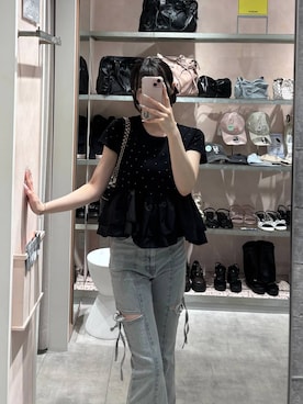 「Heather（ヘザー）のリボンスタッズバニティ　1044900（ショルダーバッグ、ブラック系）」を使った、HARUKIさん（レディース・157cm）の夏コーディネート