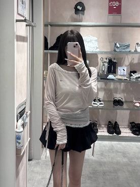 「Heather（ヘザー）のレイヤードバルーンミニスカート　1051887（スカート、ブラック系）」を使った、HARUKIさん（レディース・157cm）の夏コーディネート