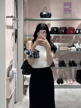 「Heather（ヘザー）のＷリボンミュールパンプス　631328（パンプス、ブラック系）」を使った、HARUKIさん（レディース・157cm）の夏コーディネート