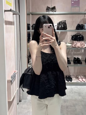 「Heather（ヘザー）のリボンショルダーBAG　129447（ショルダーバッグ、ブラック系）」を使った、HARUKIさん（レディース・157cm）の春コーディネート