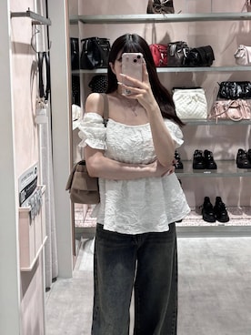 「Heather（ヘザー）の【ウエストサイドボタンで自由にフィット】2WAYデニムワイドパンツ　593596（デニムパンツ、ブルー系）」を使った、HARUKIさん（レディース・157cm）の春コーディネート