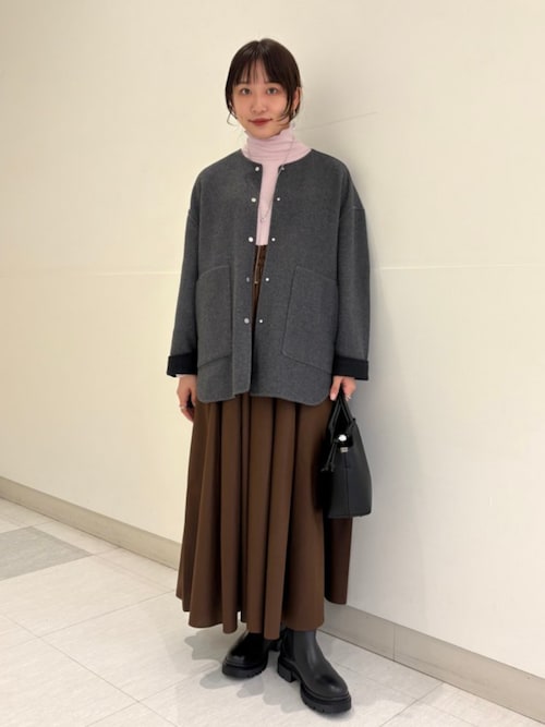 セミ 梳毛 配色 リバーシブル ノーカラー ショート コート（ノーカラー