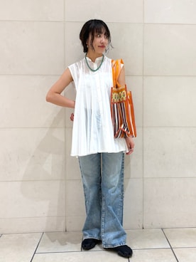 「アイテム（トートバッグ、オレンジ系）」を使った、庭田さん（レディース・155cm）の夏コーディネート