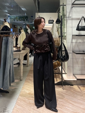 「CAPRICIEUX LE'MAGE（カプリシューレマージュ）のドッキングフリルダンボールカーディガン（Tシャツ/カットソー、ブラウン系）」を使った、aya_lemageさん（レディース・158cm）の夏コーディネート
