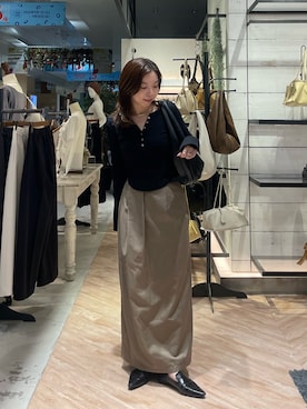 「CAPRICIEUX LE'MAGE（カプリシューレマージュ）のアシメタックベルト付スカート（スカート、ブラウン系）」を使った、aya_lemageさん（レディース・158cm）の秋コーディネート