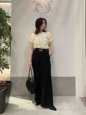 「CAPRICIEUX LE'MAGE（カプリシューレマージュ）の【新色イエロー・チャコールグレー】シャーリングホイップＴ（Tシャツ/カットソー、イエロー系）」を使った、aya_lemageさん（レディース・158cm）の春コーディネート