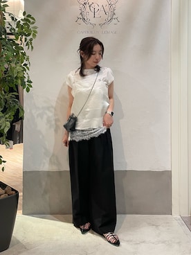 「CAPRICIEUX LE'MAGE（カプリシューレマージュ）の1ポイントボートネックT（Tシャツ/カットソー、ホワイト系）」を使った、aya_lemageさん（レディース・158cm）の夏コーディネート