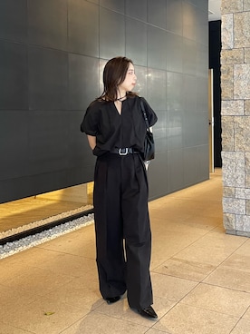 「CAPRICIEUX LE'MAGE（カプリシューレマージュ）の2タックワイドパンツ（その他パンツ、ブラック系）」を使った、aya_lemageさん（レディース・158cm）の春コーディネート