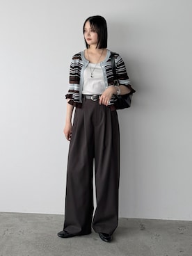 「WYM LIDNM（ウィム バイ リドム）のARC CURVED AMUNDSEN SLACKS（スラックス、ブラウン系）」を使った、pearn0さん（レディース・160cm）の夏コーディネート