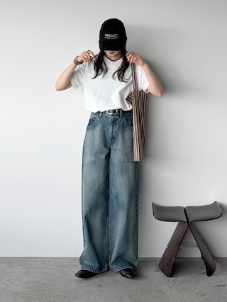 「WYM LIDNM(ウィム バイ リドム)のEXTRA FINE COTTON BASIC TEE -SLIM CROPPED FIT-(V-NECK / CREW-NECK)(Tシャツ/カットソー)」を使った、pearn0さん(レディース・160cm)の夏コーディネート