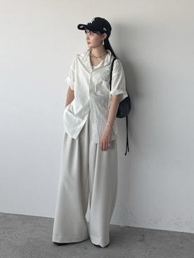 「WYM LIDNM（ウィム バイ リドム）のNEW BASIC MICRO SPAN BOX H/S SHIRT（シャツ/ブラウス）」を使った、pearn0さん（レディース・160cm）の夏コーディネート