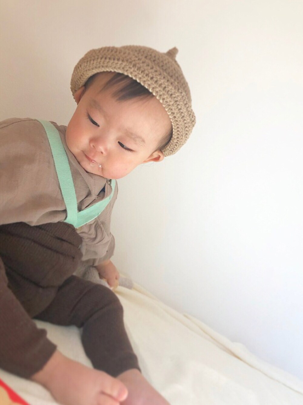 「キッズコーデ、休日スタイル、ベビーコーデ、男の子コーデ、1歳、プチプラ、petit main、handmade、お洒落さんと繋がりたい、おうちファッション」｜「Handmadeのアイテム（帽子、ブラウン系）」を使った、chulipo2さん（キッズ・70cm）の夏コーディネートの1枚目の写真
