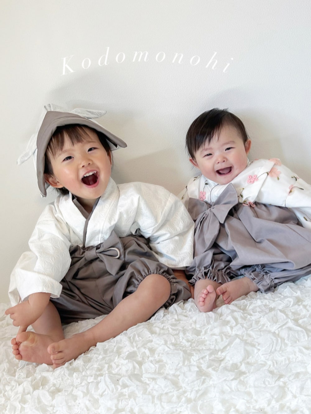 「こどもの日、袴、ベビーコーデ、女の子、男の子、おしゃれさんと繋がりたい、淡色コーデ、2歳、生後８ヶ月、兄妹コーデ、年子」｜「Handmadeのアイテム（ママ＆ベビー、ホワイト系）」を使った、chulipo2さん（キッズ・80cm）の春コーディネートの1枚目の写真