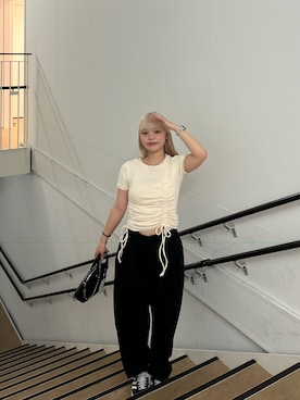 「シャーリング」｜「アイテム（Tシャツ/カットソー）」を使った、 リミさん（レディース・155cm）の夏コーディネート