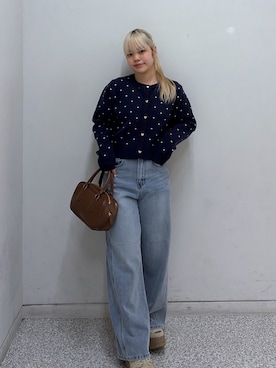 「FREE'S MART（フリーズマート）の【3サイズ展開XS-L】サイドパネルヴィンテージライクワイドデニム【低身長サイズ有】（デニムパンツ、ブルー系）」を使った、 リミさん（レディース・155cm）の冬コーディネート