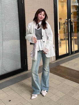 「EVOL（イーボル）の【ふかふか・リボン取り外し可】2WAYリボンポインテッド3.5cmパンプス JA4016（パンプス、ホワイト系）」を使った、かりんさん（レディース・155cm）の春コーディネート