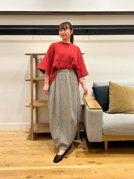 「かぐれ（カグレ）のリネンコットンフレアプルオーバー（シャツ/ブラウス、レッド系）」を使った、kannanomさん（レディース・155cm）の夏コーディネート