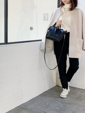 「アイテム（ノーカラーコート、ホワイト系）」を使った、kumikoさん（レディース・160cm）の冬コーディネート
