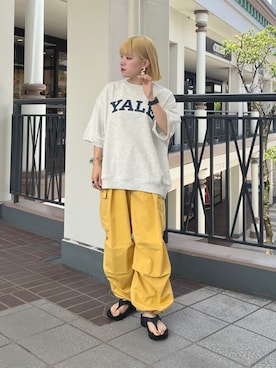 「アイテム（カーゴパンツ、イエロー系）」を使った、KAHOさん（レディース・155cm）の夏コーディネート