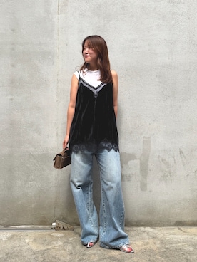 「Whim Gazette（ウィムガゼット）のベロアキャミソール（キャミソール、ブラック系）」を使った、sayakaさん（レディース・159cm）の秋コーディネート