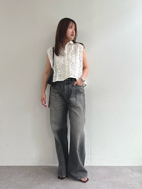 「Whim Gazette（ウィムガゼット）のクロシェライクブラウス（シャツ/ブラウス、ホワイト系）」を使った、sayakaさん（レディース・159cm）の春コーディネート