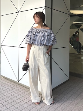 「Whim Gazette（ウィムガゼット）の【GEMINI】サスペンダーワイドパンツ（その他パンツ、ホワイト系）」を使った、sayakaさん（レディース・159cm）の夏コーディネート