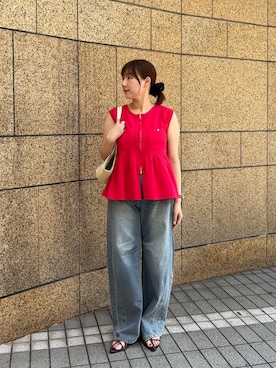 「RODE SKO(ロデスコ)のブレードバスケットバッグ(かごバッグ、ベージュ系)」を使った、naoさん(レディース・161cm)の夏コーディネート