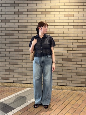 「RODE SKO(ロデスコ)のデザインカットバックゴムサンダル(サンダル、ブラック系)」を使った、naoさん(レディース・161cm)の夏コーディネート