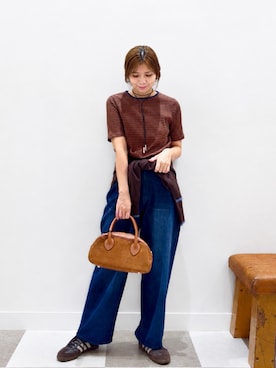 「ITEMS URBANRESEARCH（アイテムズ アーバンリサーチ）のコクーンワイドパンツ（その他パンツ、ブルー系）」を使った、yuccoさん（レディース・158cm）の秋コーディネート