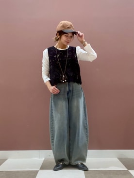 「ITEMS URBANRESEARCH（アイテムズ アーバンリサーチ）のカギバリニット×ロングTシャツ（Tシャツ/カットソー、ブラック系）」を使った、yuccoさん（レディース・158cm）の春コーディネート