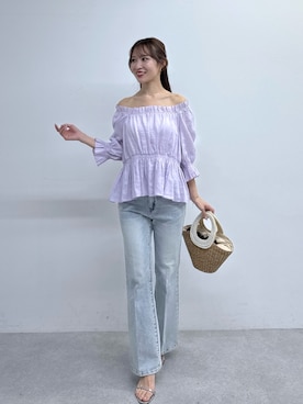 「La boutique BonBon（ラブティックボンボン）の【スタイルUPデニム】バックレースアップデニムフレアパンツ（デニムパンツ、ブルー系）」を使った、KAZUMIさん（レディース・153cm）の春コーディネート