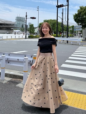 「La boutique BonBon（ラブティックボンボン）のドットオーガンサーキュラースカート（スカート、ブラウン系）」を使った、KAZUMIさん（レディース・153cm）の夏コーディネート