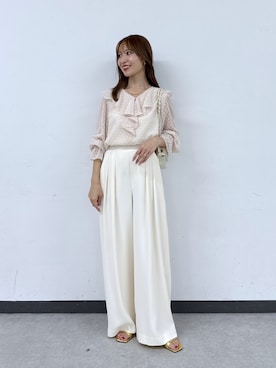「La boutique BonBon（ラブティックボンボン）の【着映え◎】カットドビーラッフルブラウス（シャツ/ブラウス、ピンク系）」を使った、KAZUMIさん（レディース・153cm）の夏コーディネート