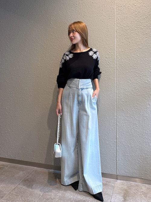 SALE【新品】ラ ブティックボンボン 美脚 バックレースアップデニムパンツ 美脚見え】バックレースアップデニムワイドパンツ(デニムパンツ