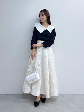 「La boutique BonBon（ラブティックボンボン）の【最強着映え】お花ジャガードスカート（スカート、ホワイト系）」を使った、KAZUMIさん（レディース・153cm）の春コーディネート
