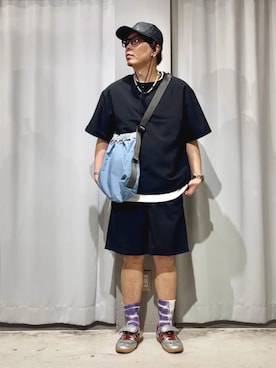 「CRAFT STANDARD BOUTIQUE(クラフトスタンダードブティック)の接触冷感/吸水速乾/UVカット Fluxaire 半袖シャツプルオーバー(Tシャツ/カットソー、ブラック系)」を使った、Online Storeさん(メンズ・169cm)の夏コーディネート