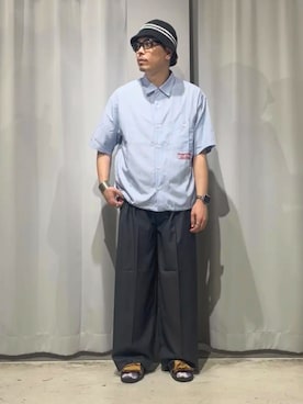 「CRAFT STANDARD BOUTIQUE(クラフトスタンダードブティック)のストライプ半袖ドローコードシャツ(シャツ/ブラウス、ブルー系)」を使った、Online Storeさん(メンズ・169cm)の夏コーディネート