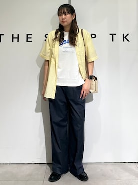 「THE SHOP TK （ザ ショップ ティーケー ）の【M-XL/二の腕カバー】ダブルポケット金ボタン 5分袖シャツ（シャツ/ブラウス、イエロー系）」を使った、cottonさん（レディース・162cm）の春コーディネート