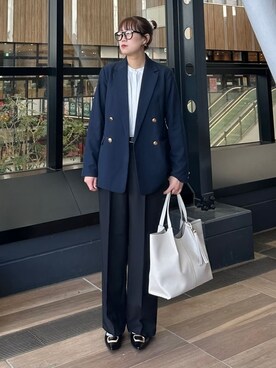 「THE SHOP TK （ザ ショップ ティーケー ）の【通勤にもデイリーにも】CAVIAN 金ボタンダブルブレストジャケット（テーラードジャケット、ブルー系）」を使った、cottonさん（レディース・162cm）の春コーディネート