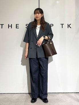 「THE SHOP TK （ザ ショップ ティーケー ）の【セットアップ可】麻調ダブルブレスト 6分袖ジャケット（テーラードジャケット、グレー系）」を使った、cottonさん（レディース・162cm）の春コーディネート