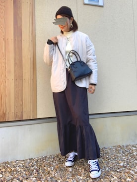 「tiptop（ティップトップ）のアイテム（ノーカラージャケット）」を使った、𝙮𝙪𝙠𝙞さん（レディース・158cm）の冬コーディネート