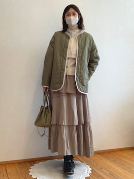 「tiptop（ティップトップ）のアイテム（ノーカラージャケット）」を使った、𝙮𝙪𝙠𝙞さん（レディース・158cm）の冬コーディネート