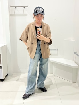 「SENSE OF PLACE by URBAN RESEARCH(センスオブプレイスバイアーバンリサーチ)の『一部WEB限定カラー』『UR TECH DRYLUXE』リネンライクジャケット(テーラードジャケット、ベージュ系)」を使った、ミクさん(レディース・153cm)の夏コーディネート