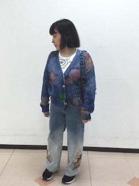 「Desigual（デシグアル）のレタリングプリントリブTシャツ 白（Tシャツ/カットソー、ホワイト系）」を使った、Desigual立川STAFFさん（レディース・150cm）の春コーディネート