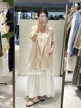 「LOUNGEDRESS（ラウンジドレス）のリネンライクシアージャケット（テーラードジャケット、ピンク系）」を使った、Loungedress_yamakawaさん（レディース・153cm）の春コーディネート